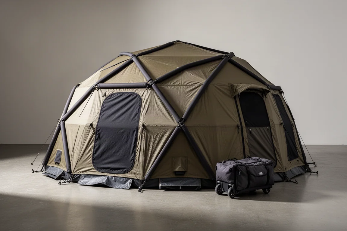 Large olive-tan geodesic dome expedition tent pitched on concrete beside a wheeled bag