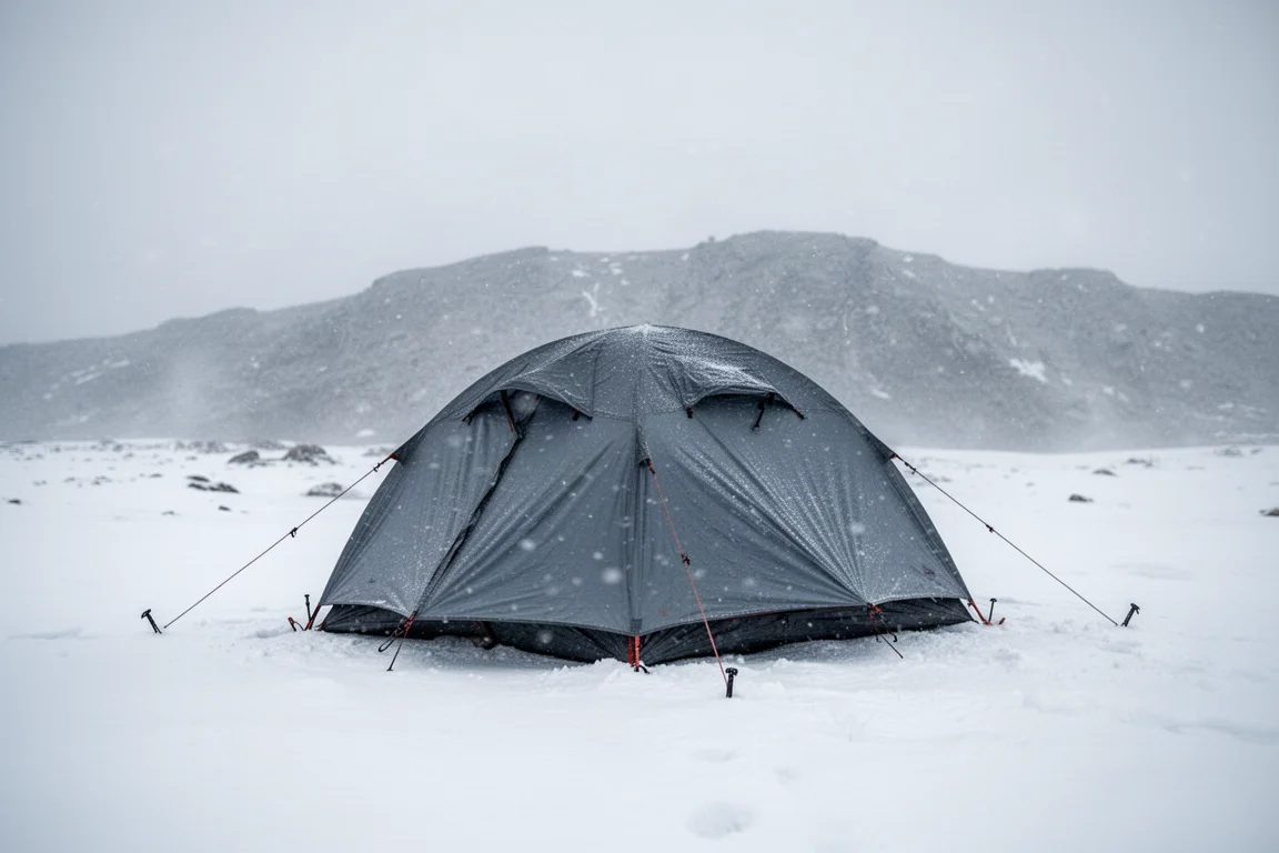 One-person tent pitched on open snow on a windy overcast day