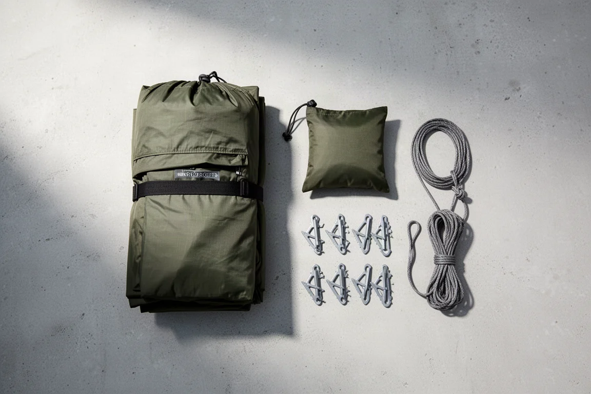 Overhead flat-lay of winter camping gear including a folded tent, snow anchors and guy line