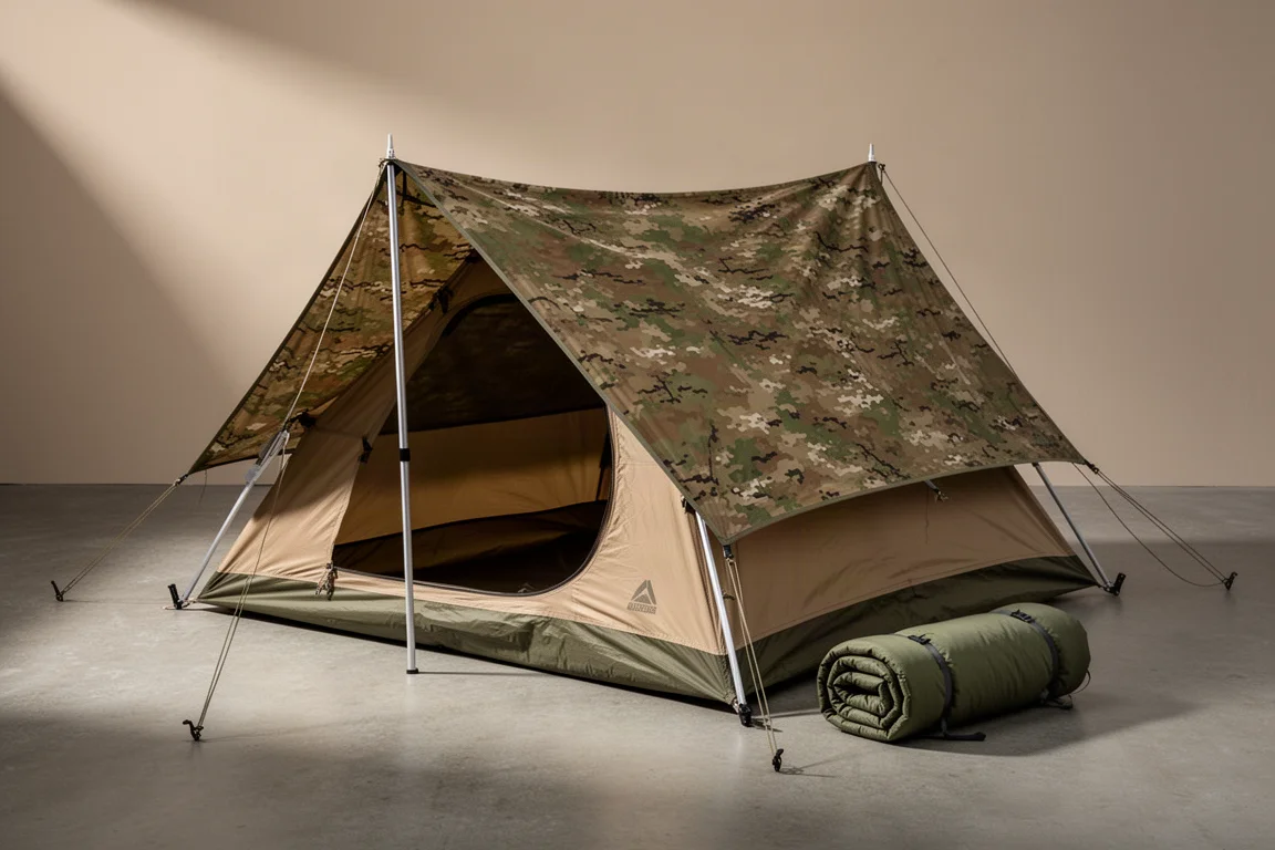 Camouflage two-person camping tent pitched on a concrete surface with a rolled weather layer beside it