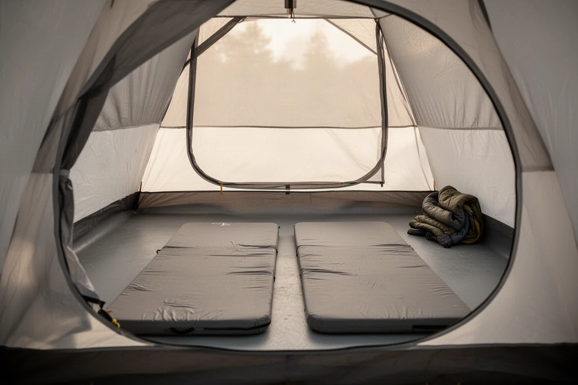 Tent interior with two sleeping pads and mesh inner wall in soft morning light