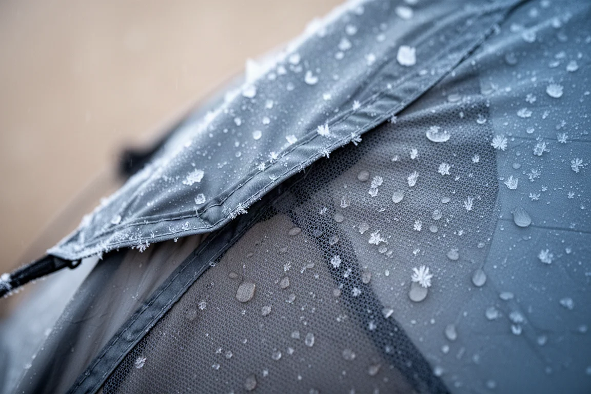 Close-up of a fabric weather layer fitted over mesh tent panels with frost on the surface