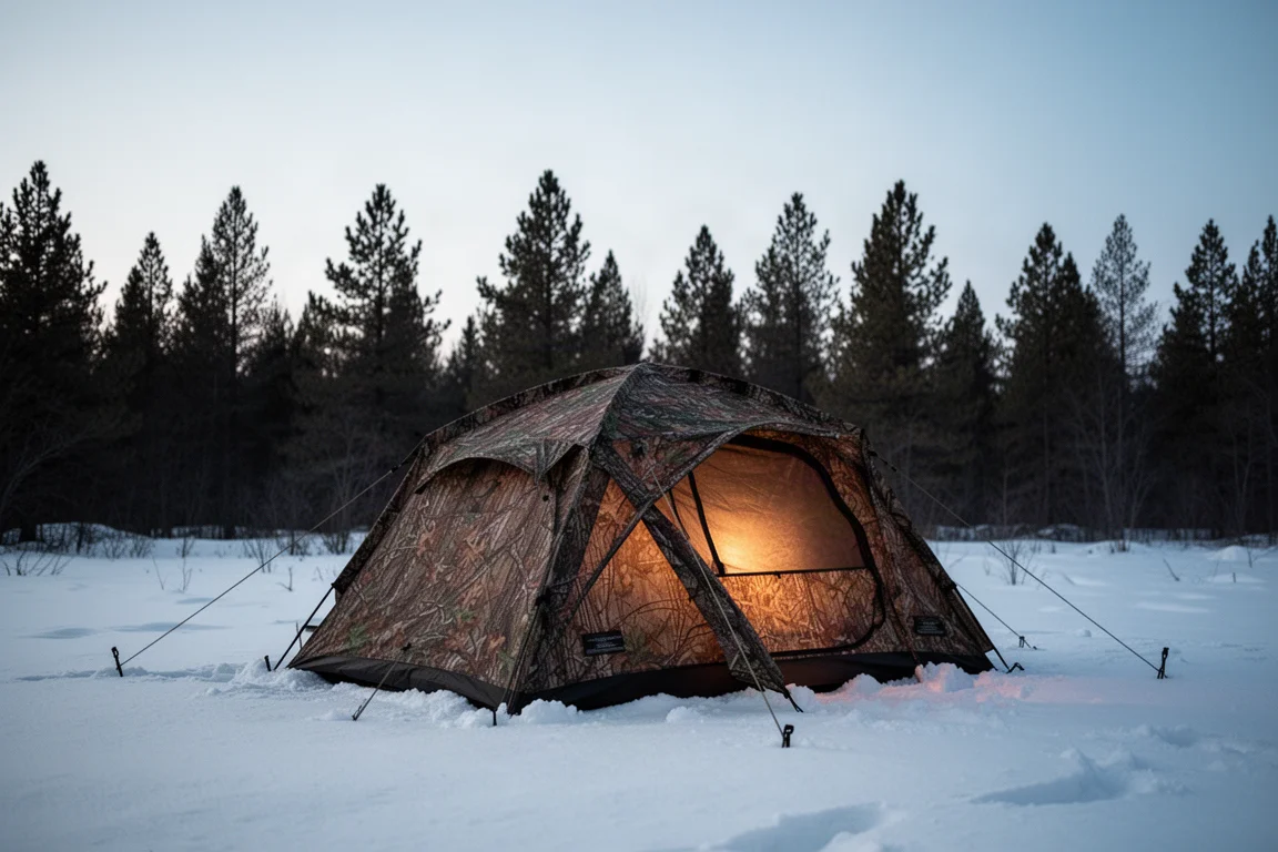 Camo tent pitched in a snowy clearing at dusk with warm light inside