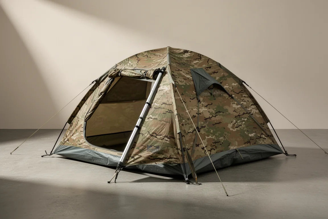 Camo two-person four-season tent pitched on a matte concrete surface in studio light
