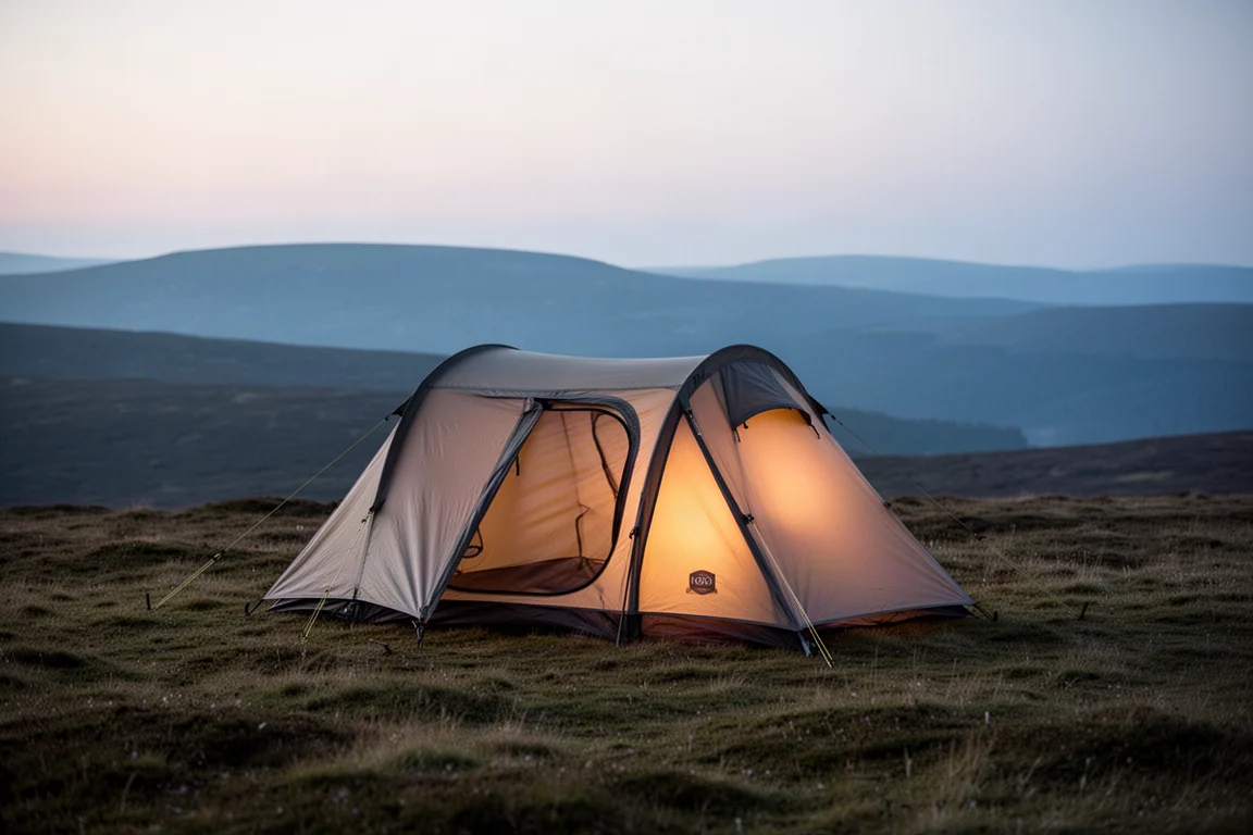 Two-door tent pitched on moorland at dusk with warm interior light