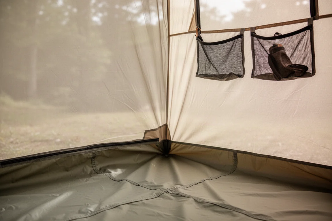 Interior of a tent showing mesh wall, bathtub floor and mesh gear pockets