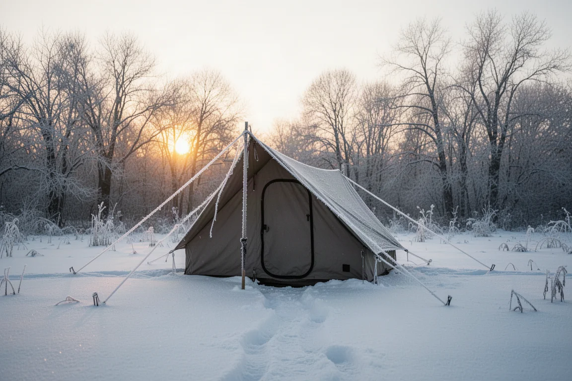 Tent in a snowy clearing at sunrise with frost on the guy lines