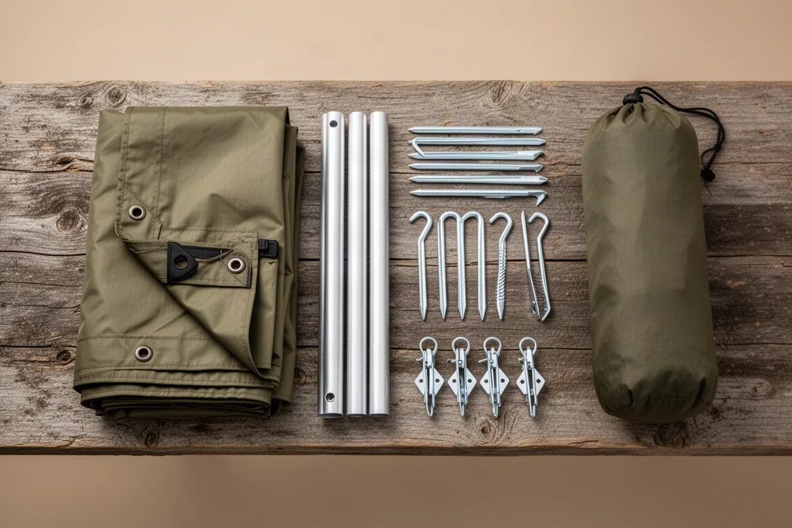 Overhead flat-lay of tent fly, ground sheet, poles, stakes and storage bag