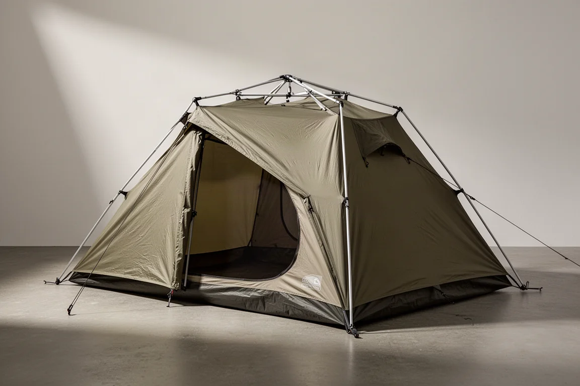 Fully pitched two-person expedition tent with fly and front vestibule on a neutral backdrop