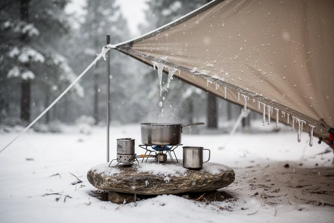 Wintercamp-Küche unter einem Tarp mit Kocher und Becher im fallenden Schnee