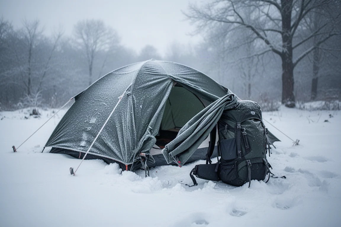 Vereistes Zelt wird auf einem Wintercamp in einen Rucksack gepackt