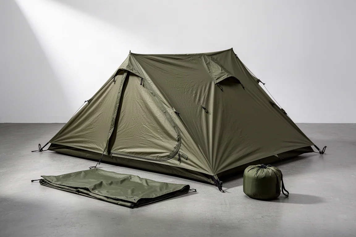 Olive one-person military tent with folded wind-block panel and stuff sack on concrete