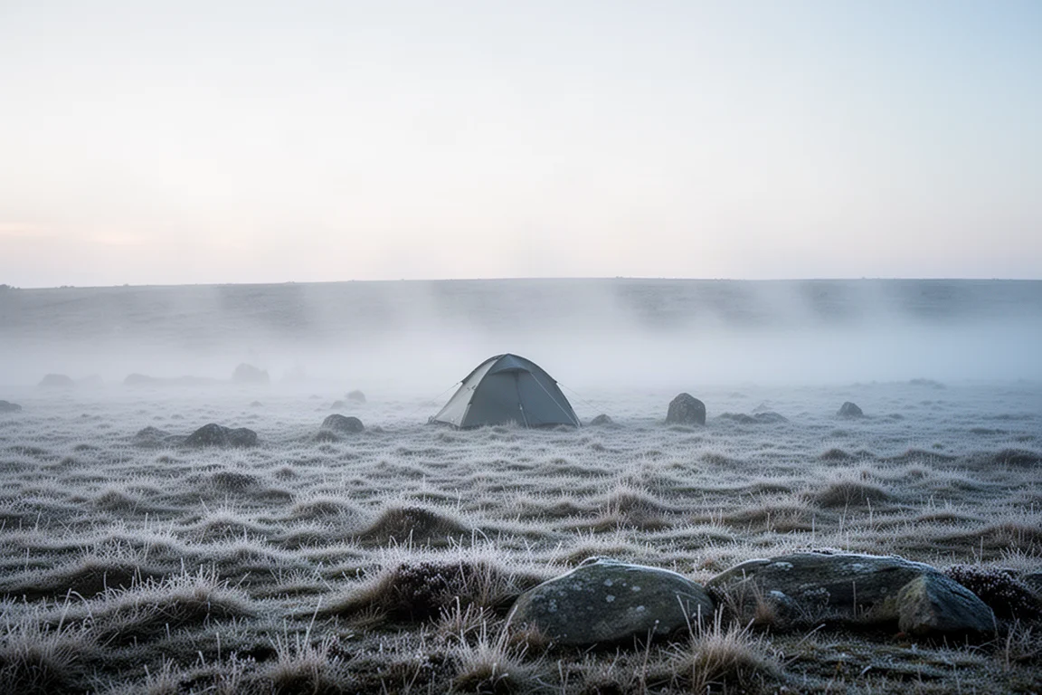 Koudeweercamping bij zonsopgang met rijp op de grond en een kleine tent in de verte