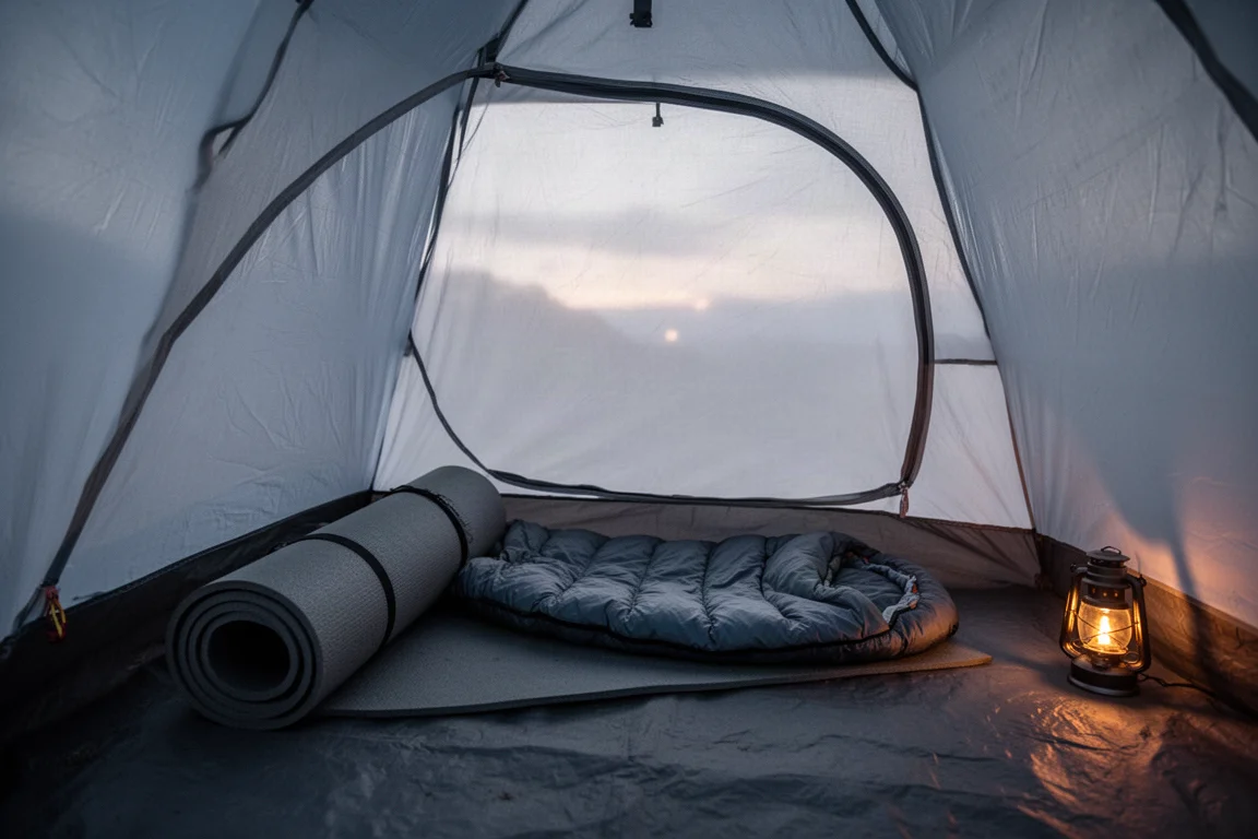 Interieur van een kleine tent voor één persoon in de schemering met slaapmat en zwakke lantaarngloed