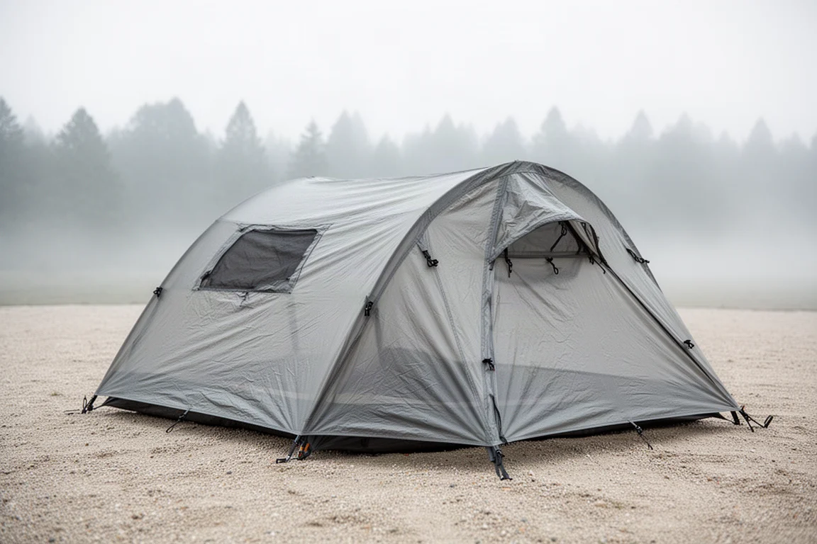 Compact one-person tent covered by an opaque nylon overlay shell on a pale gravel surface