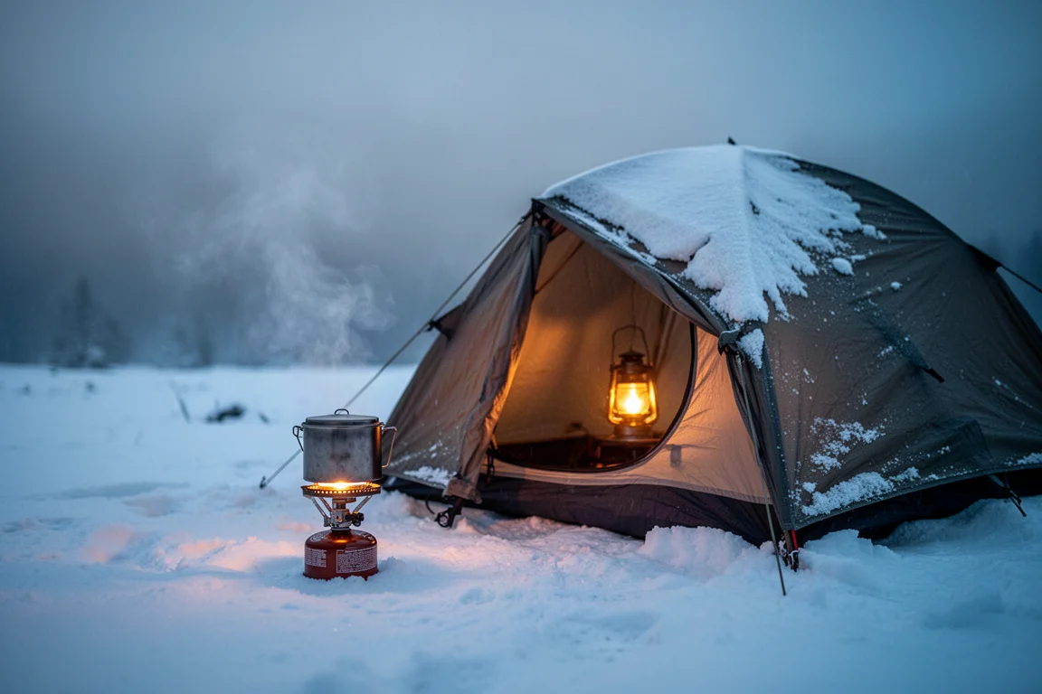 ブルーアワーの雪原でテントのそばに湯気を立てるキャンプストーブ