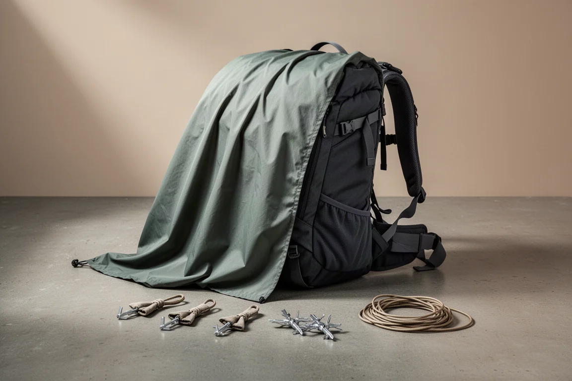 Light Fighter Windbreaker tent fabric panel, snow anchors and cord on a concrete surface