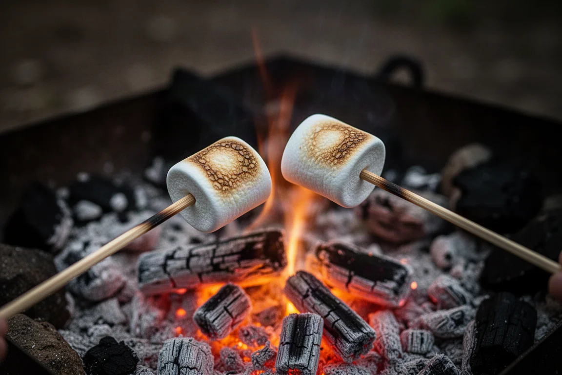 Due marshmallow che si tostano sulle braci ardenti del falò su sottili bastoncini di legno