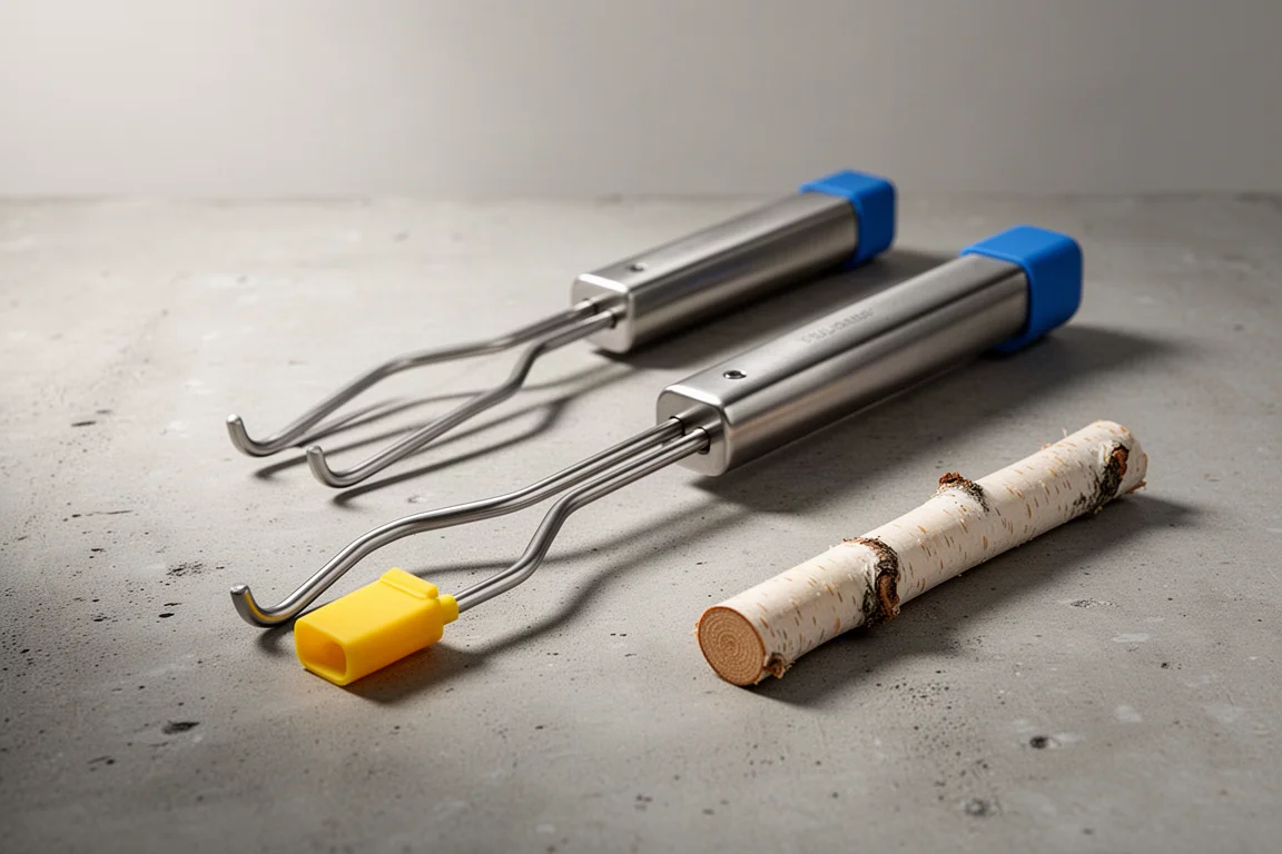 Two stainless steel campfire roasting forks with yellow and blue safety caps on a concrete surface