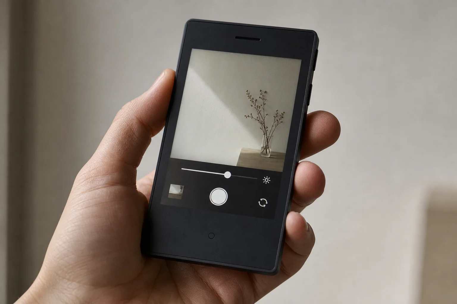 Light Phone III 螢幕顯示相機應用程式與亮度滑桿