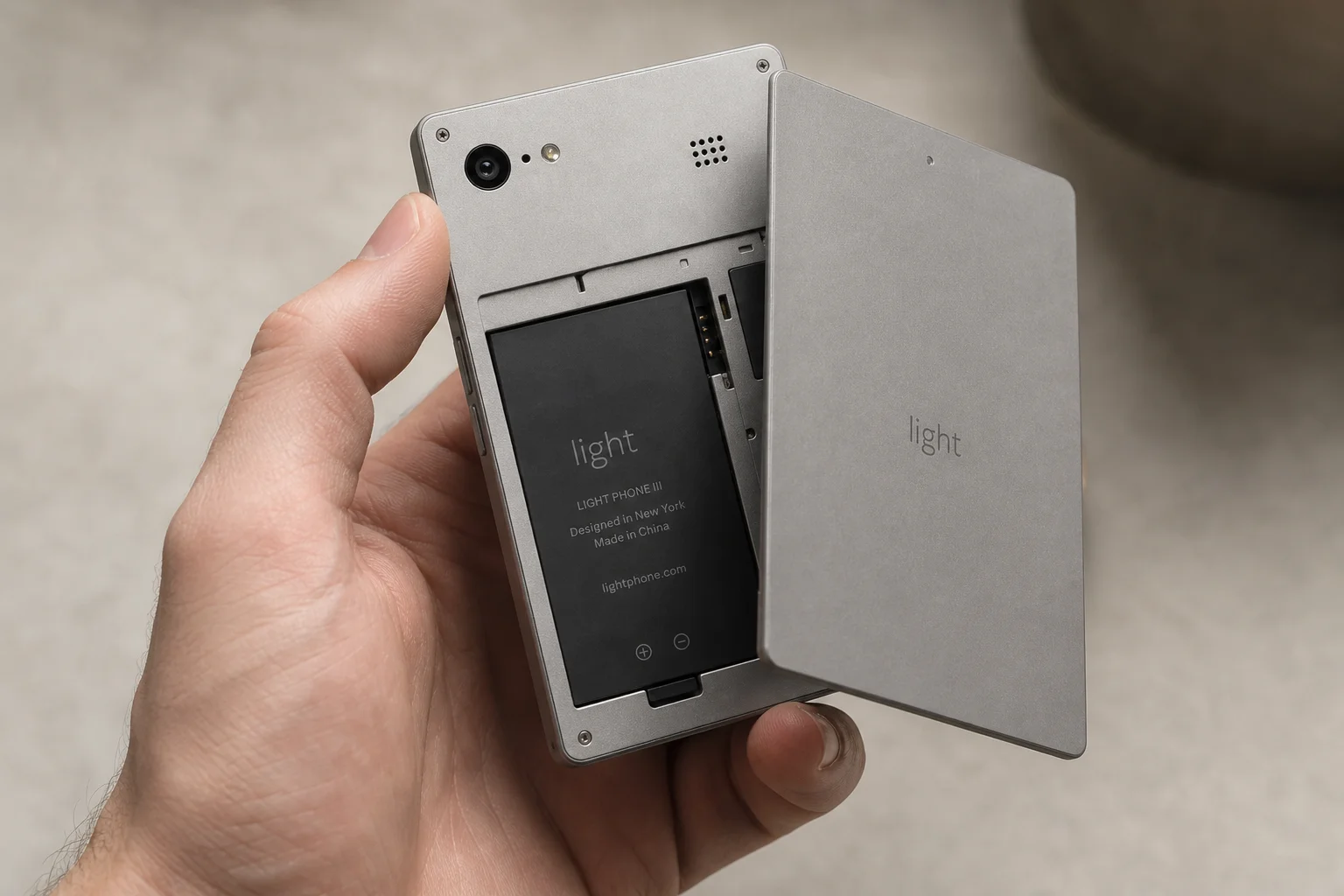 手持 Light Phone III 並打開可拆卸背蓋露出電池的畫面