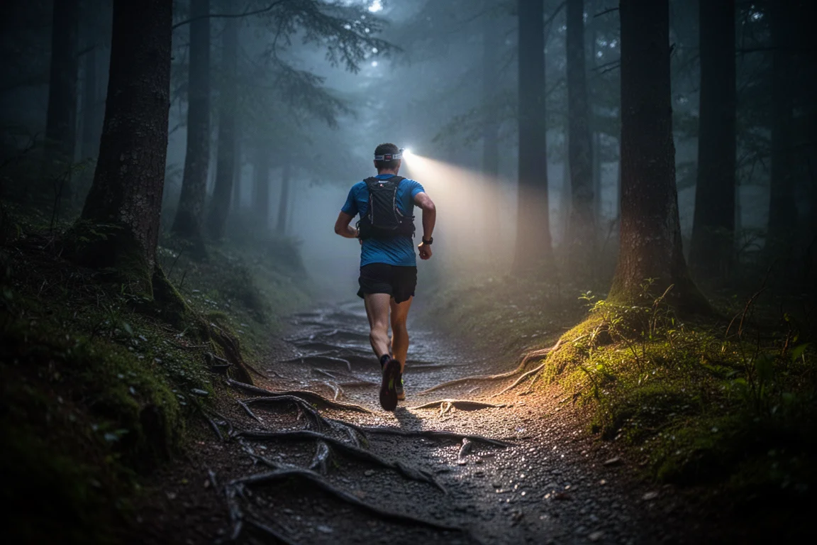 Corridore con una frontale su un sentiero buio di notte