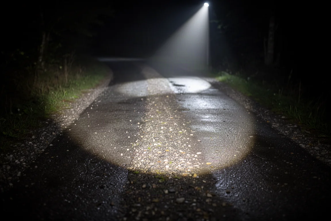Fascio flood ampio che illumina un sentiero nel bosco rispetto a uno spot ristretto