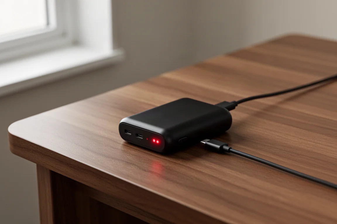 Batteria della frontale in ricarica con cavo USB-C su una scrivania in legno