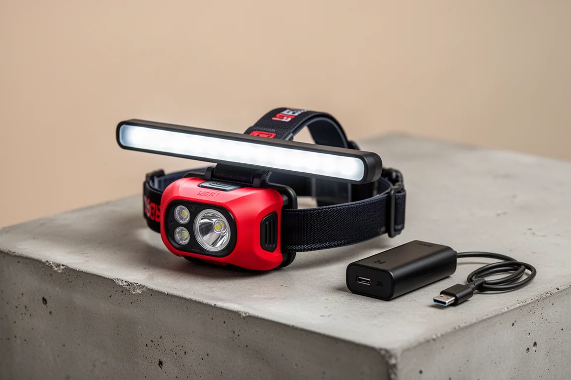 Frontale multi-fascio rosso e nero con batteria su superficie in cemento
