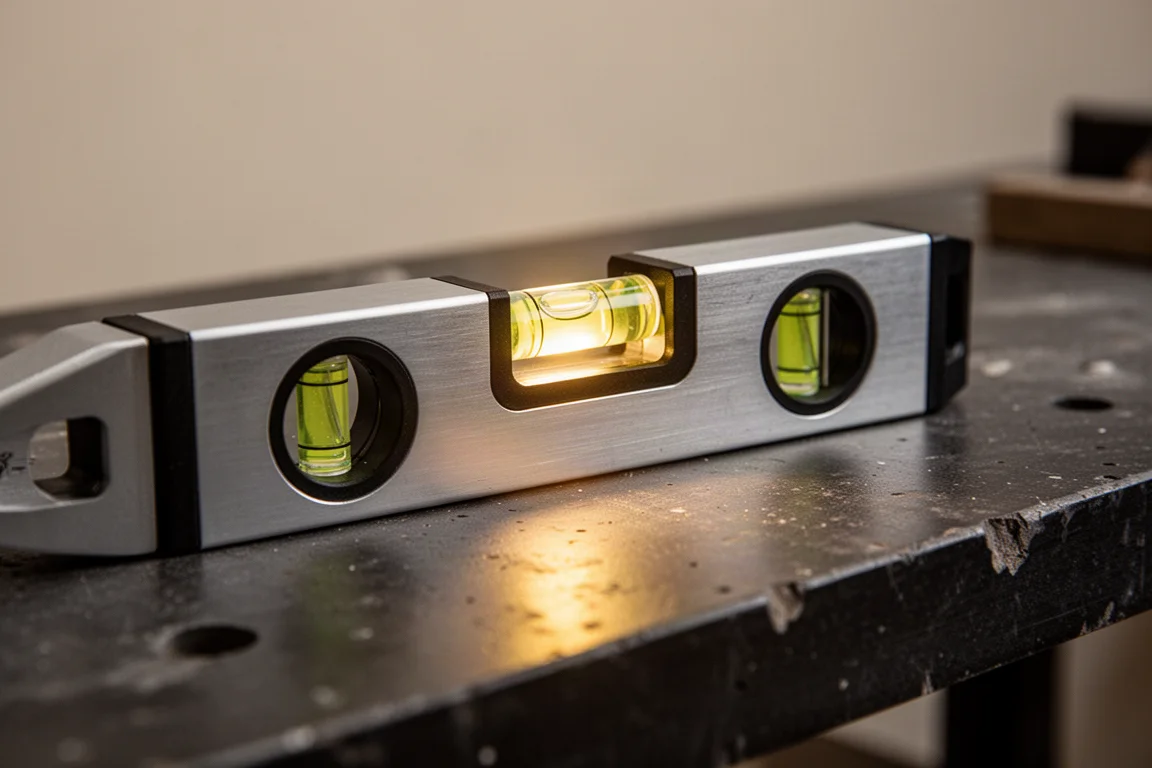 Vidros de nível iluminados brilhando em uma oficina escura