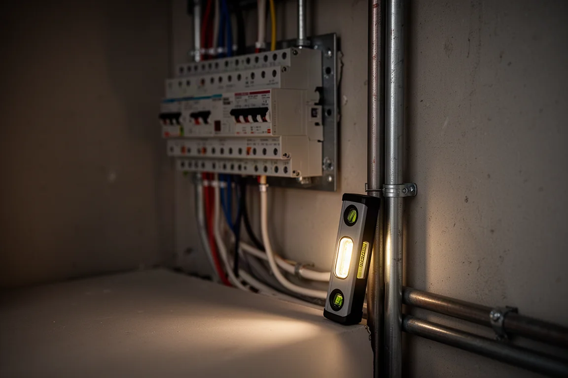 Eletricista trabalhando em um local mal iluminado verificando um nível