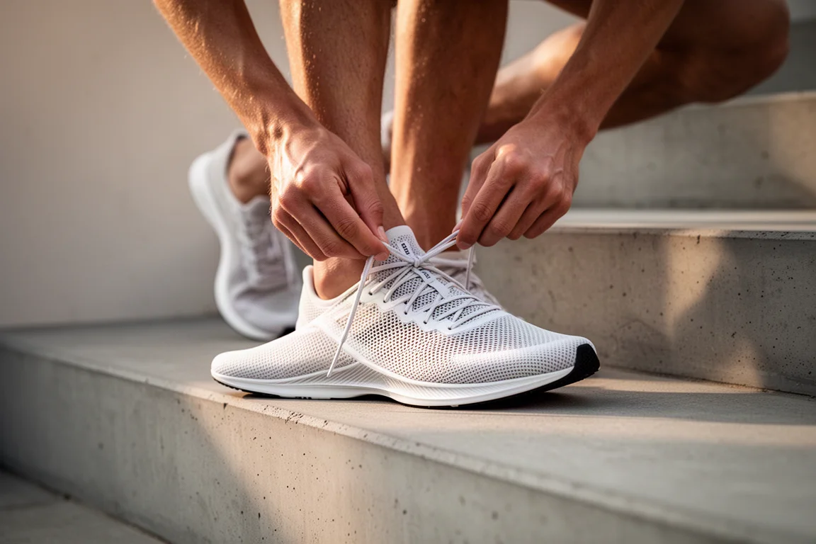 Runner tying the laces of a lightweight racing shoe in soft morning light