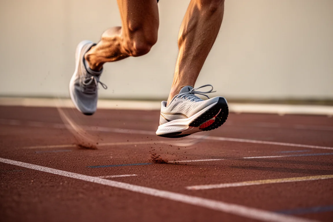 Close-up of a runner's feet mid-stride on a track during speed training