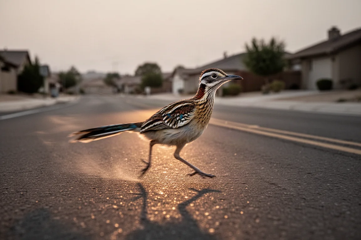 Road runner moving quickly along an open suburban road at dusk