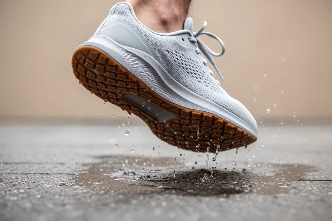 Lightweight trainer landing on wet pavement with visible grip texture