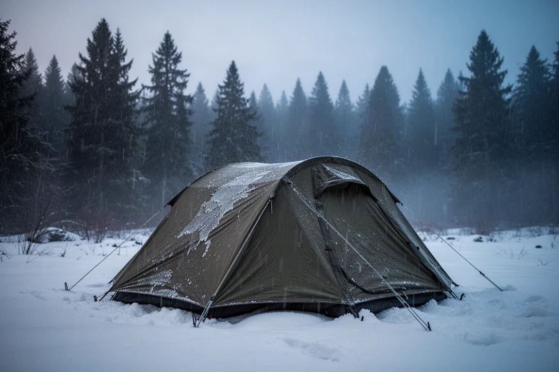 Tenda quattro stagioni montata in una radura innevata mentre cade pioggia gelata al crepuscolo