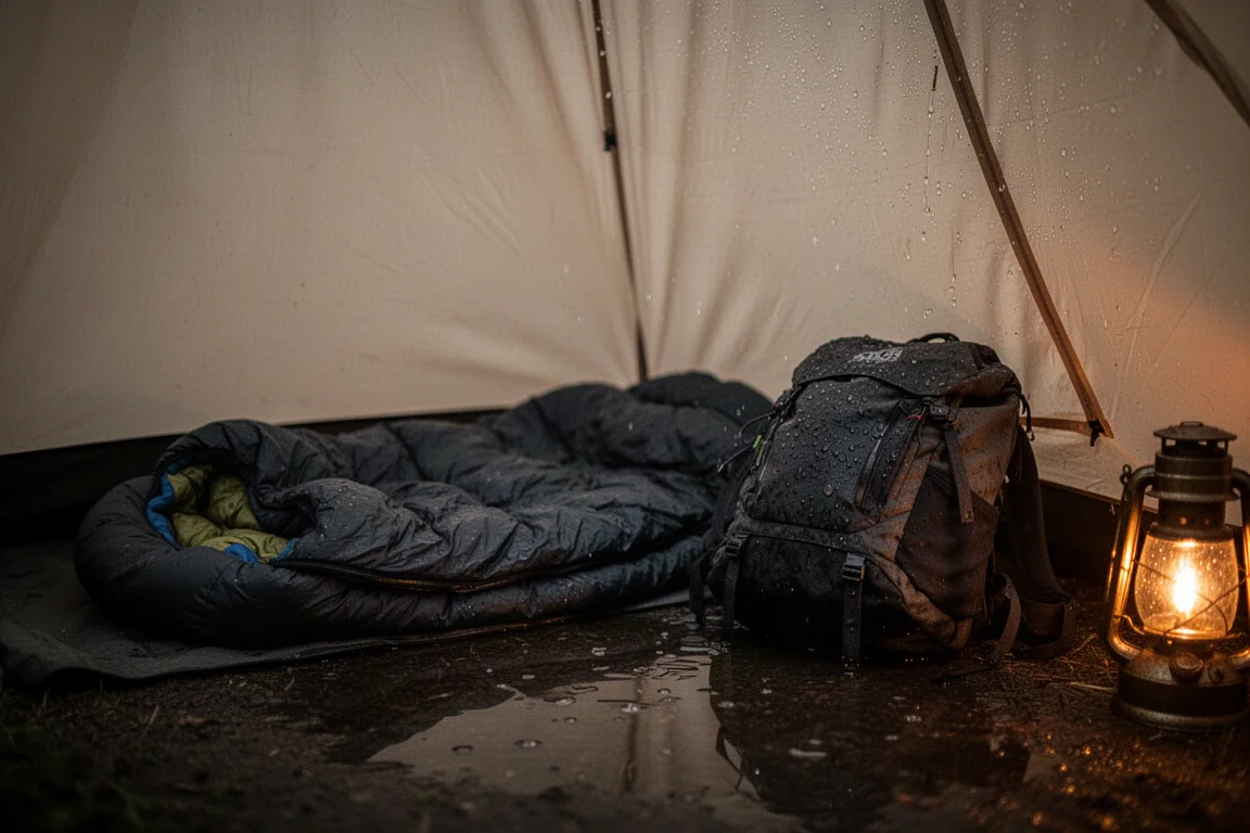 Sacco a pelo e zaino umidi sul fondo bagnato della tenda con acqua che si accumula