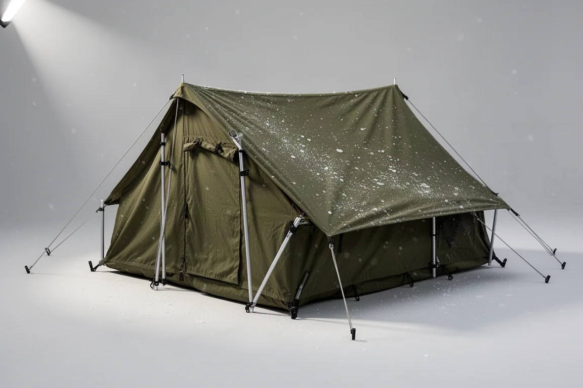Olive four-season military-style tent with external pole frame on a pale grey backdrop