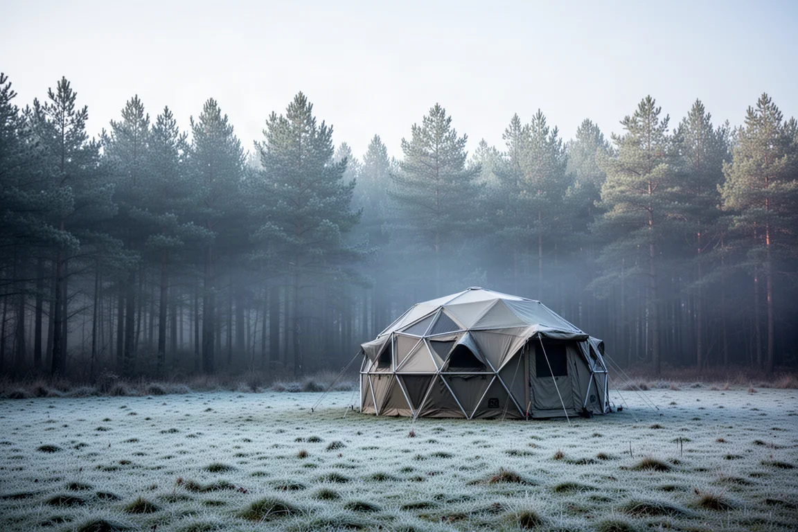 Grande tenda a cupola da spedizione montata da sola su un prato alpino battuto dal vento all'alba