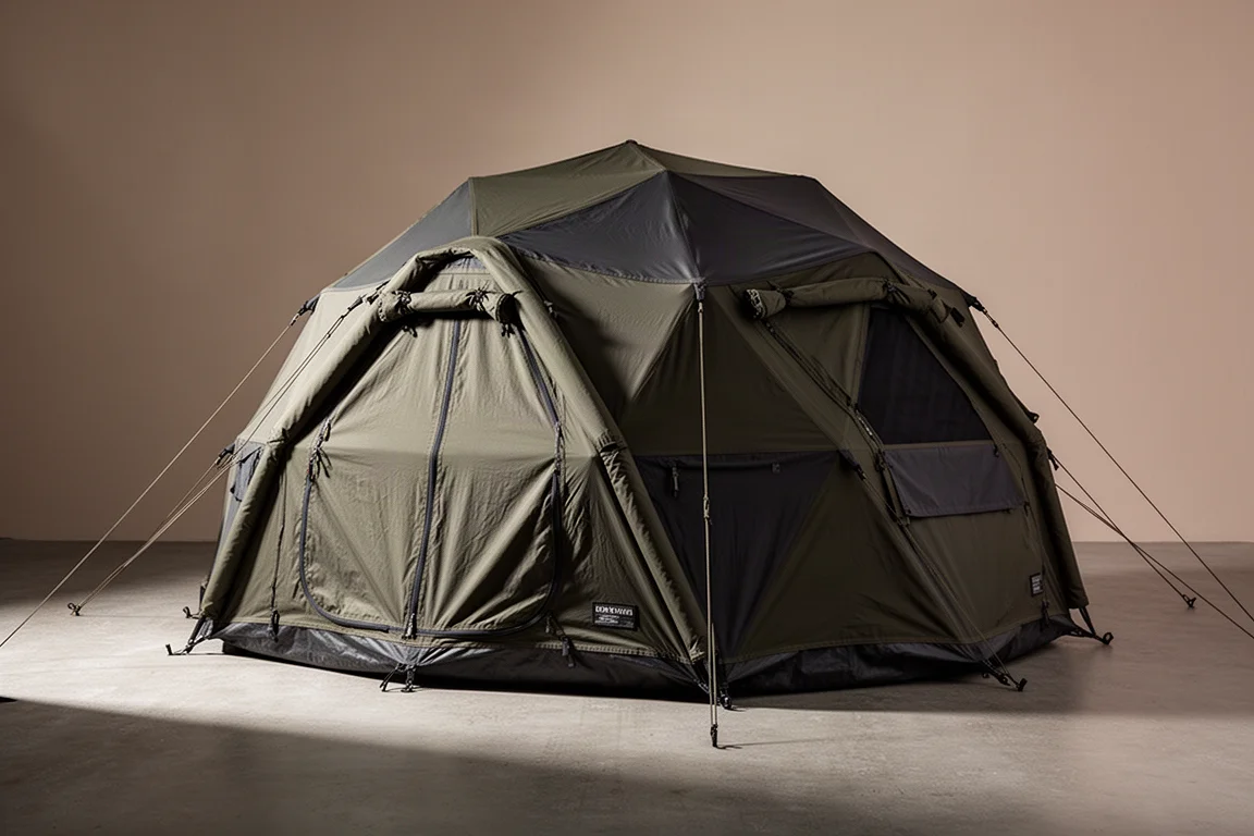 Large olive geodesic dome expedition tent with thick poles on a concrete surface