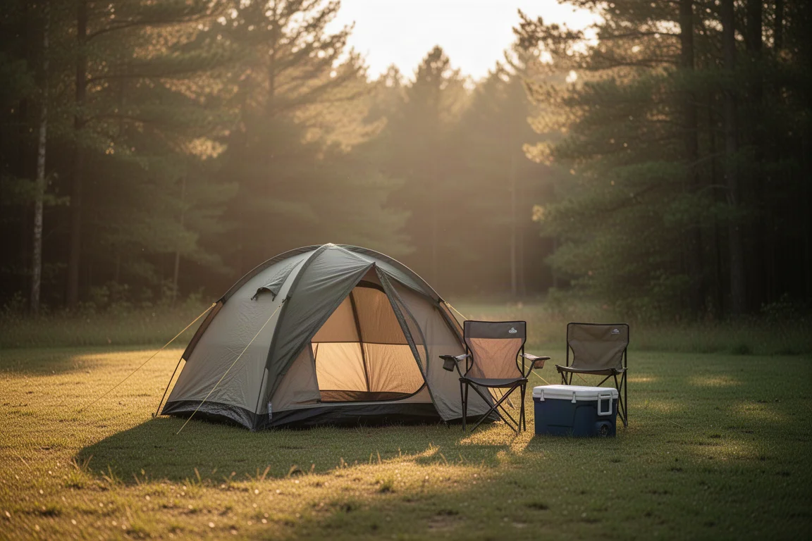 Piazzola per car camping all'ora d'oro con tenda a cupola, sedia da campeggio e ghiacciaia su erba corta