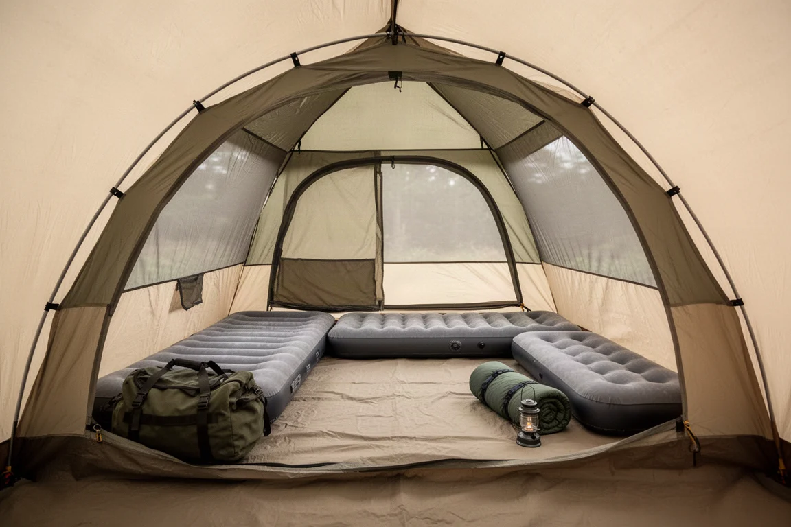Interno di una tenda a cupola per quattro persone con un materassino ad aria e borse da campeggio sul fondo