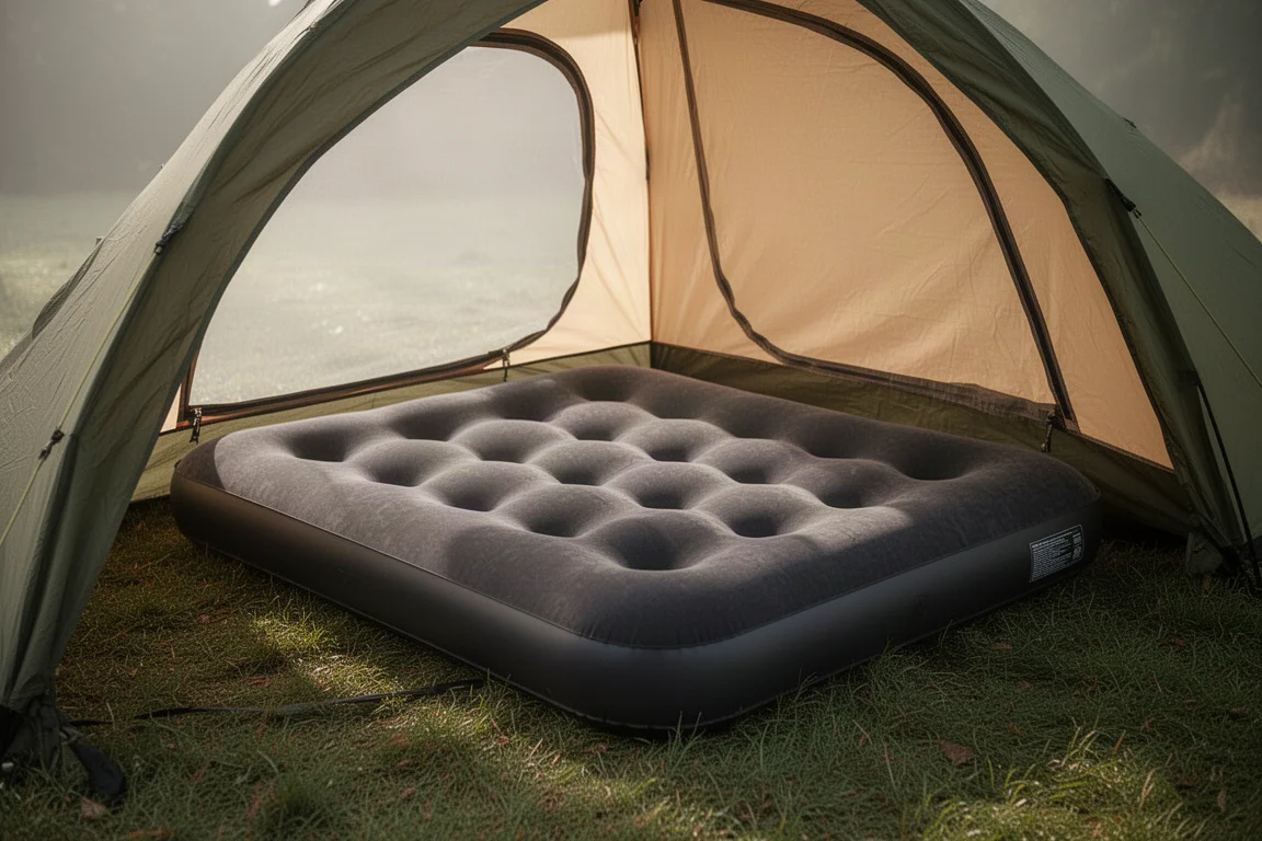 Inflated two-person camping air mattress set up inside a dome tent on a grassy campsite