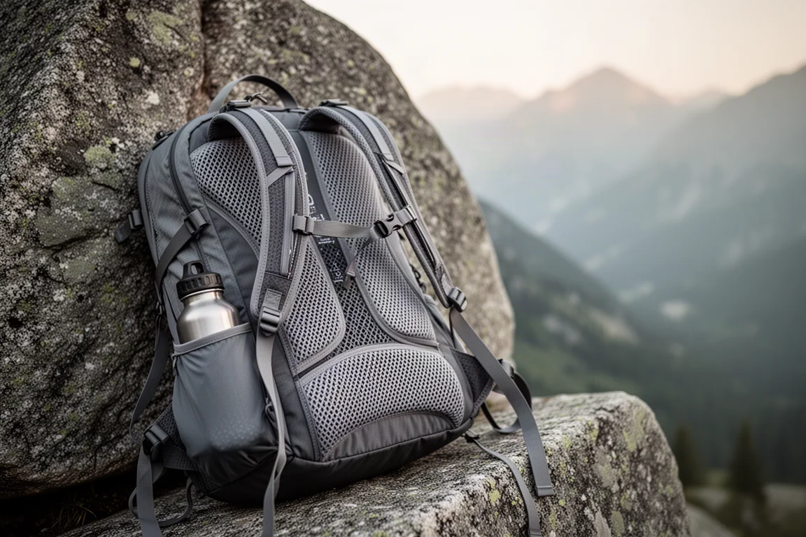Detalhe aproximado do painel de malha traseiro de uma mochila de trekking contra uma pedra