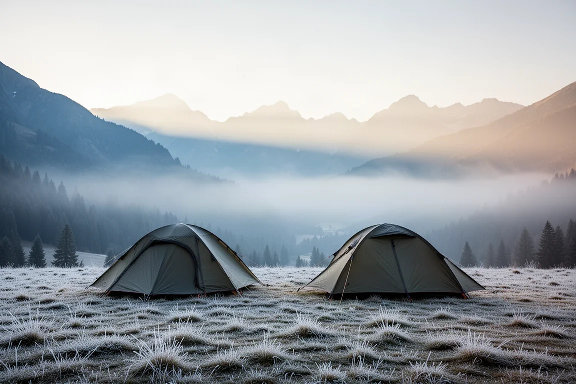 Acampamento alpino ao amanhecer com geada, névoa e a silhueta baixa de uma barraca