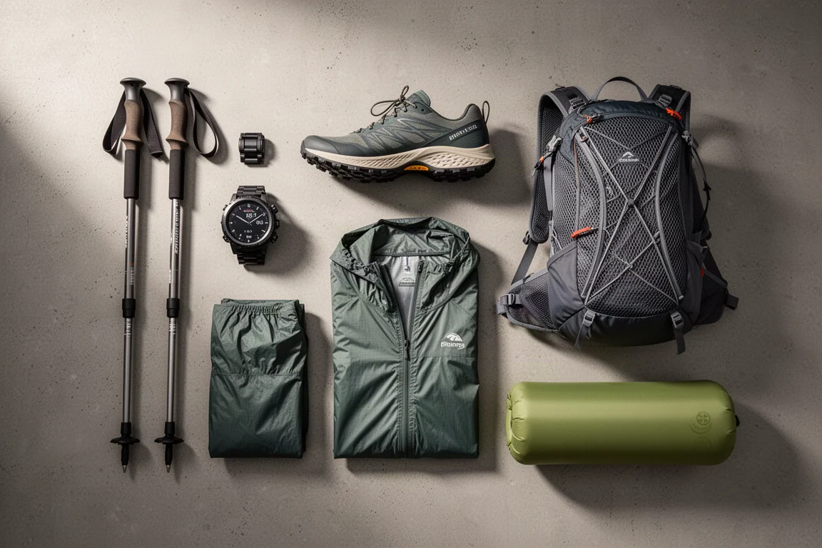 Flat-lay of lightweight alpine trekking gear on a concrete surface