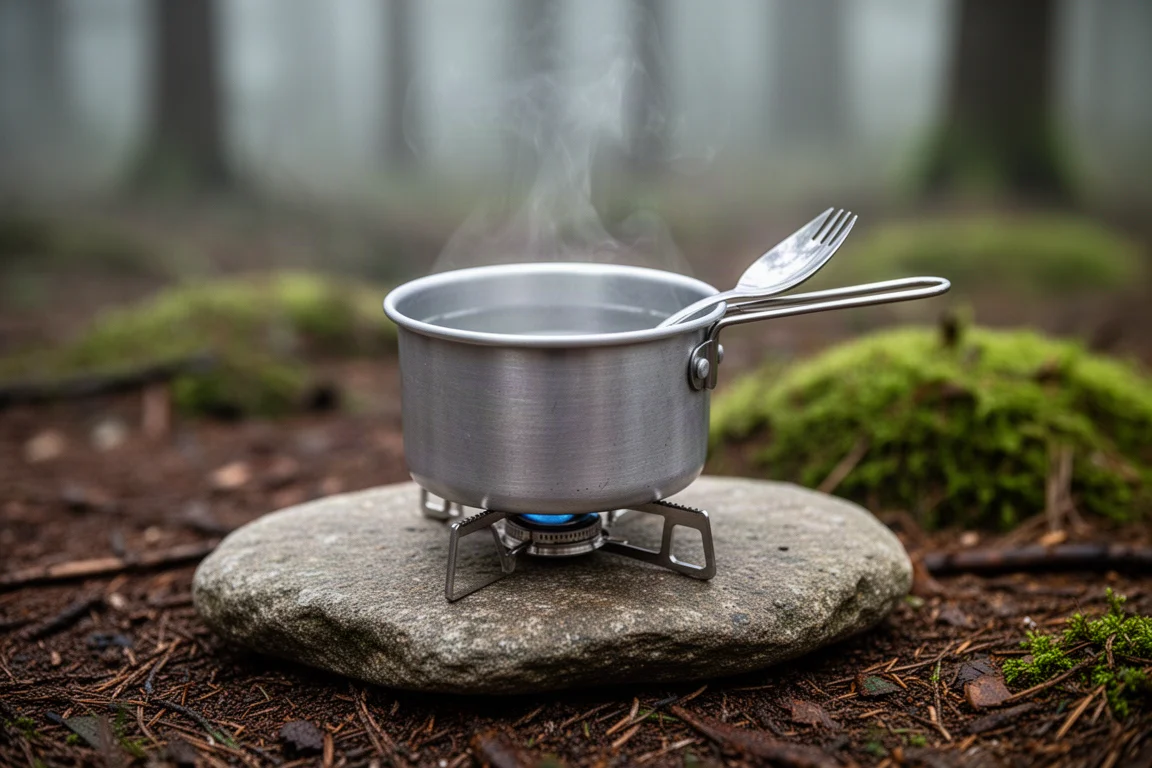 Piccola pentola in alluminio che fuma su una roccia accanto a un minuscolo fornelletto da backpacking