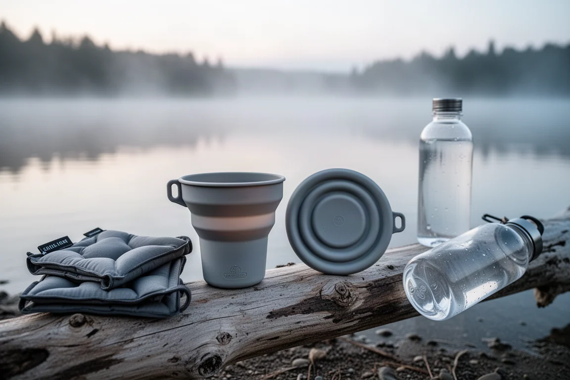 Tazze pieghevoli in silicone, una aperta e una chiusa, accanto a una riva di lago nebbiosa