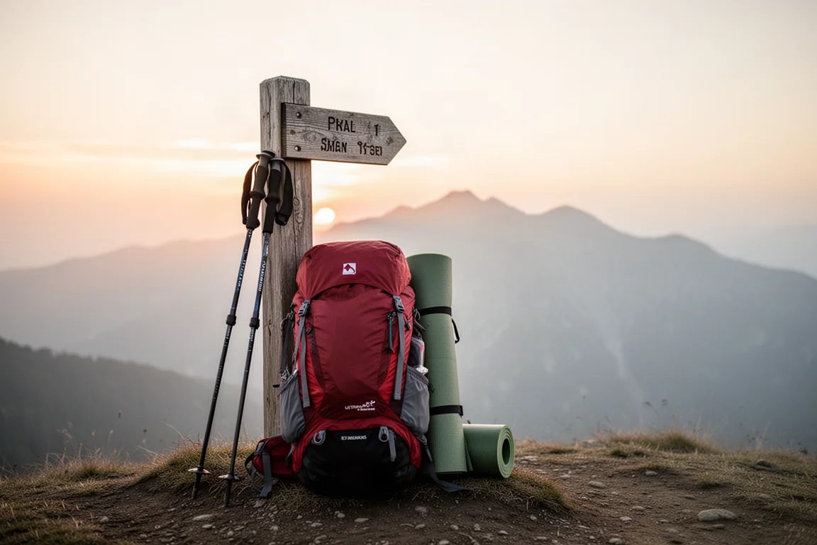 Zaino ultraleggero carico e bastoncini da trekking accanto a un segnavia all'alba