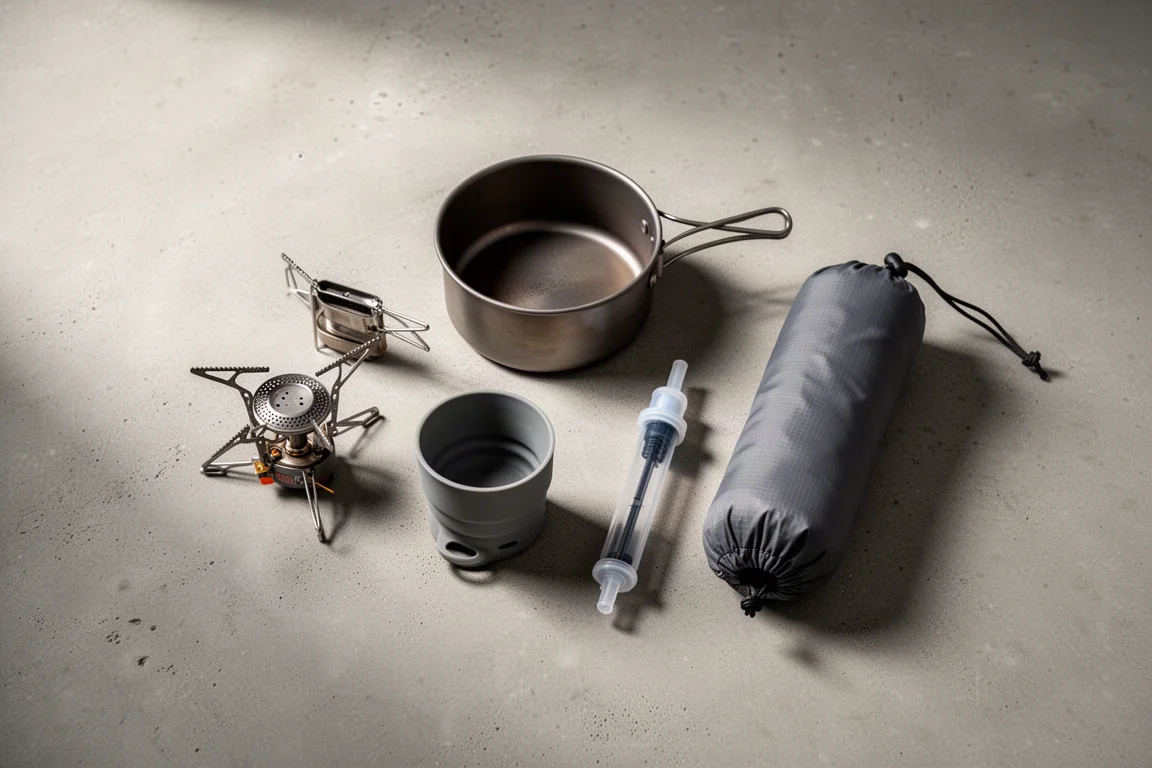 Ultralight backpacking stove, pot, cup, filter, and stuff sack arranged on concrete